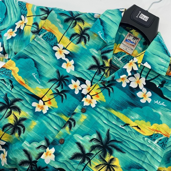 Hawaiian Togs Other - Hawaiian Togs Mens M Aloha Shirt Teal Tropical Palm Tree Dolphin Cotton HI Made